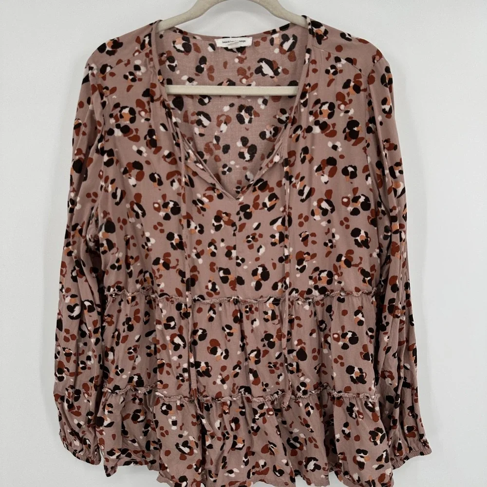 beachlunchlounge Shirt Womens XL Brown Leopard Print Boho Tiered Ruffle V-Neck